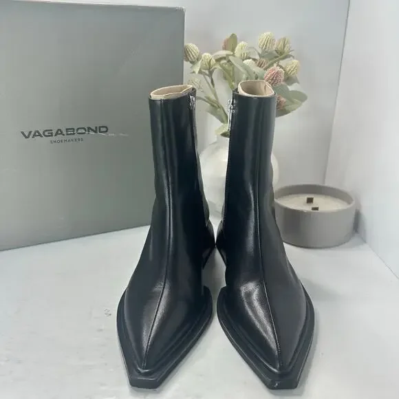 Vagabond Vivian Leather Chunky Block Heel Pointed Toe Boot Black Women 6/EU36NWB - Picture 2 of 9